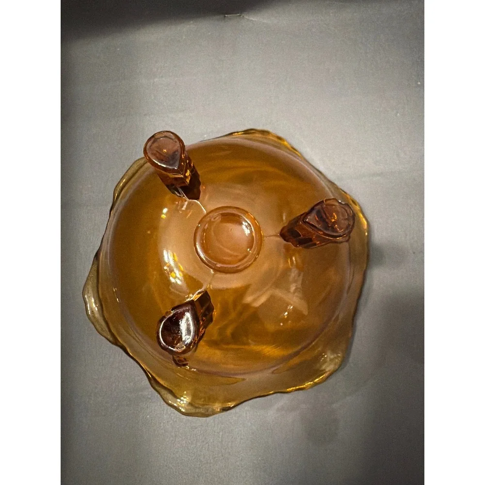 Vintage Amber Glass Three Footed Bowl Ruffled Crimped Edge Candy Dish Decor